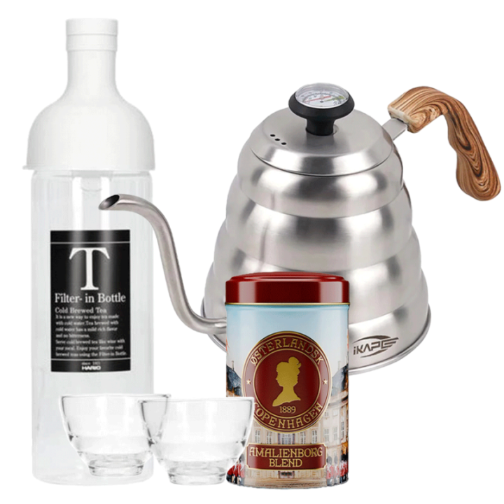 Hario Filter-In 0,75 L Istebrygger Inkl. 2 Glas, IKAPE Kedel 1,2 L Stål & Østerlandsk Thehus Amalienborg Blend Organic 125g