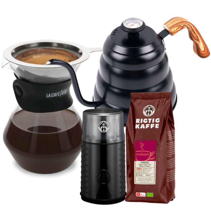 IKAPE Pour Over Kedel 1,2 L Sort Inkl. La Cafetière Pour Over 3 Kop., Kaffemølle & Rigtig Kaffe Organic Chiapas 400g