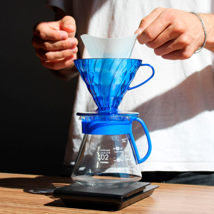 Hario V60 Filterbryg Sæt Blå Inkl. Range Server 0,6 L, Dripper 2 Kop., IKAPE Pour Over Kedel med Termometer 1,2 L & Filtre