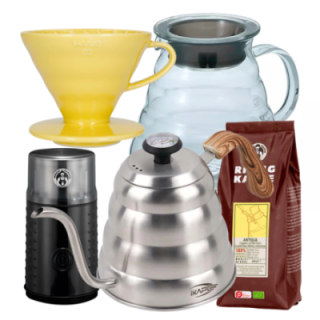 Hario Filterbryg Sæt Inkl. V60 Dripper 2 Kop. Gul, Server 0,6 L, IKAPE Kedel 1,2 L, Kaffemølle & 400g Rigtig Kaffe Organic