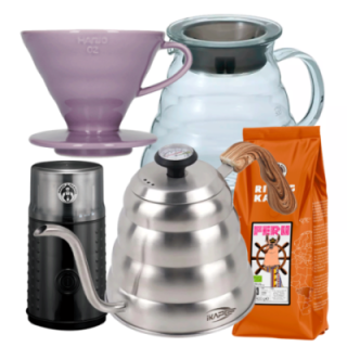 Hario Filterbryg Sæt Inkl. V60 Dripper 2 Kop. Lilla, Server 0,6 L, IKAPE Kedel 1,2 L, Kaffemølle & 400g Rigtig Kaffe