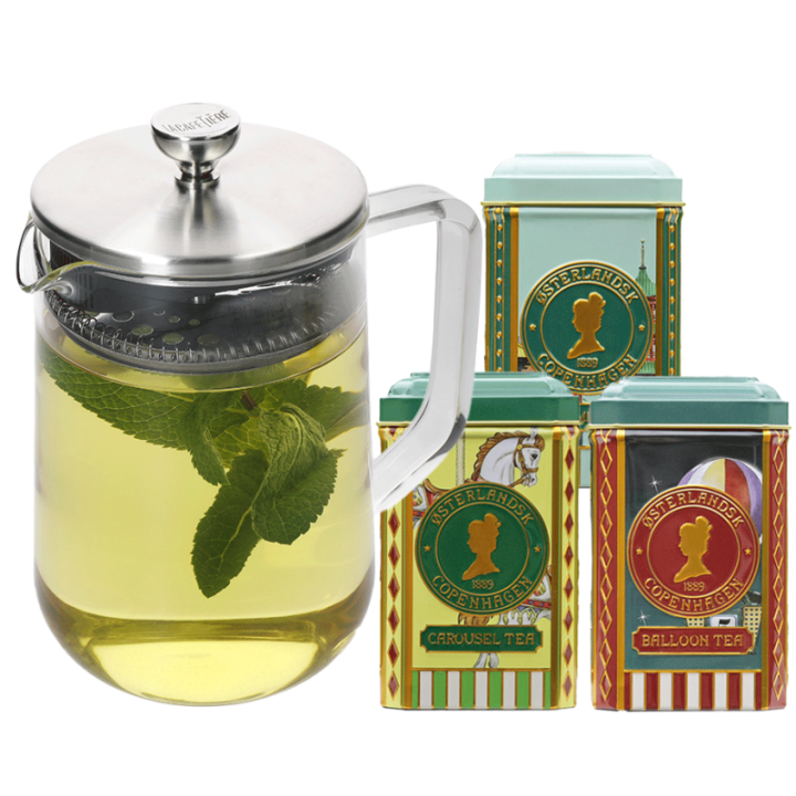 La Cafetière 4 Kop. Tebrygger Stål/Glas Inkl. Østerlandsk Thehus Pyramidetebreve 36 stk