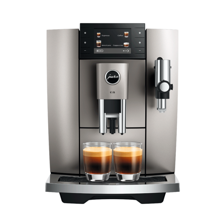 Jura E8 (ED) Midnight Silver Espressomaskine Inkl. Startpakke (DK sprog), Rens, Afkalkning, Filter, Mælkebeholder & 1kg Kaffe