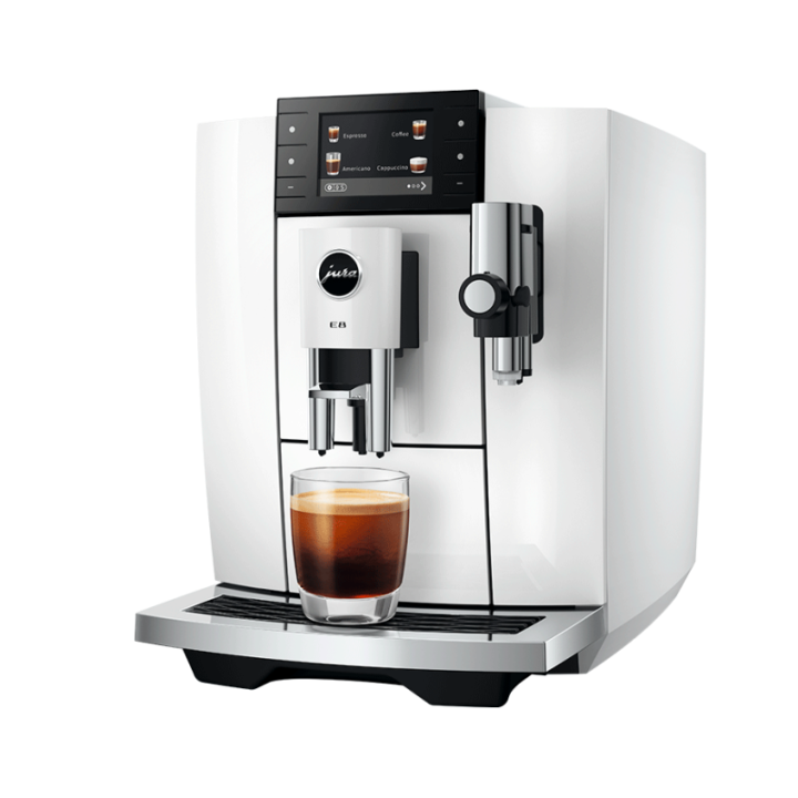 Jura E8 (ED) Piano White Espressomaskine Inkl. Startpakke (DK sprog), Rens, Afkalkning, Filter, Mælkebeholder & 1kg Kaffe