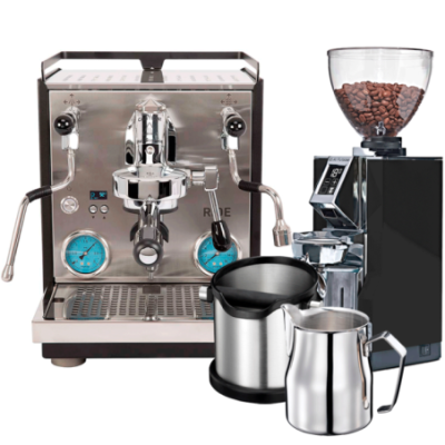 Profitec RIDE Espressomaskin inkl. Eureka Mignon Libra 65 Krom/Mattsvart Kaffekvarn, Knockbox & Mjölkkanna 0,5L