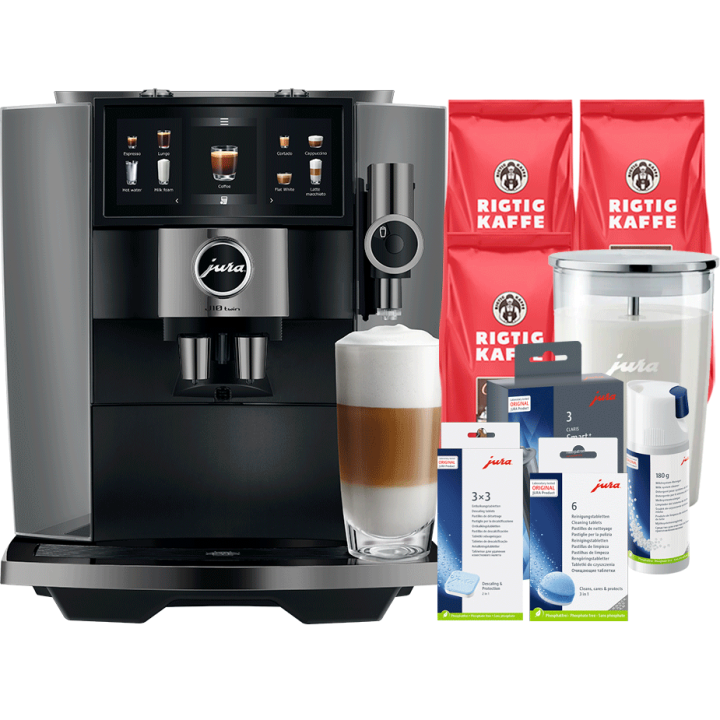 Jura J10 Twin (EA) Diamond Onyx Inkl. Startpakke DK sprog, Plejepakke, Mælkebeholder, Filtre & 3kg Hele kaffebønner