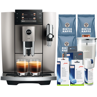 Jura E8 (ED) Midnight Silver Espressomaskine Inkl. Startpakke (DK sprog), Pleje, Filtre, Mælkebeholder & 3kg Super Crema