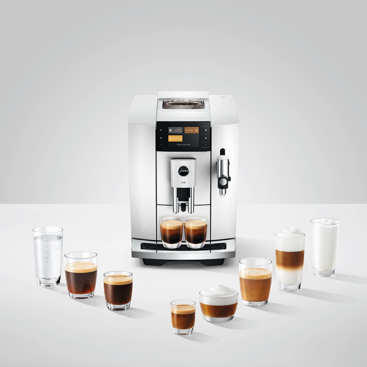 Jura E8 (ED) Piano White Espressomaskine Inkl. Startpakke (DK sprog), Pleje, Filtre, Mælkebeholder & 3kg Super Crema