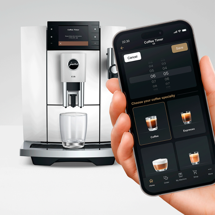 Jura E8 (ED) Piano White Espressomaskine Inkl. Startpakke (DK sprog), Pleje, Filtre, Mælkebeholder & 3kg Super Crema