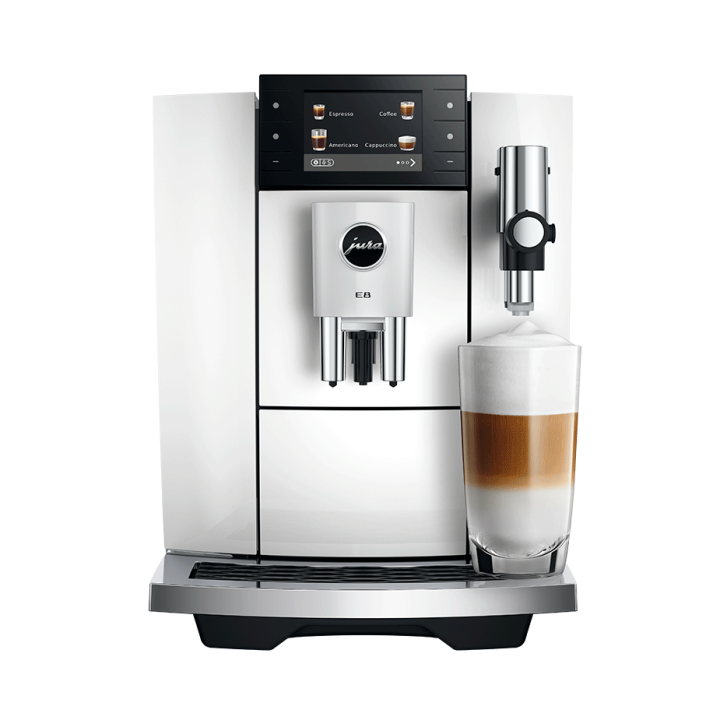 Jura E8 (ED) Piano White Espressomaskine Inkl. Startpakke (DK sprog), Pleje, Filtre, Mælkebeholder & 3kg Super Crema
