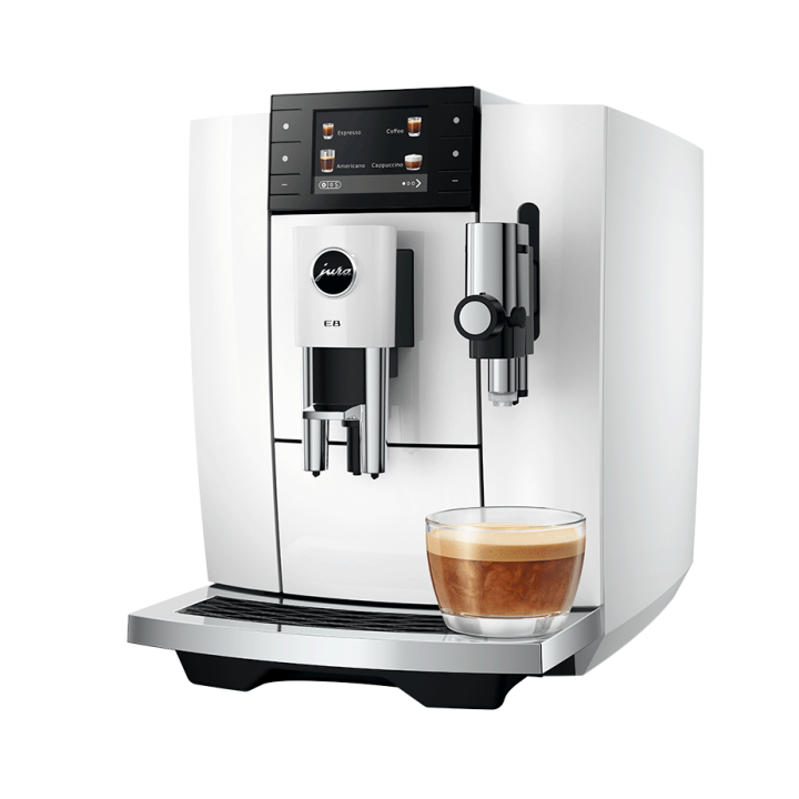 Jura E8 (ED) Piano White Espressomaskine Inkl. Startpakke (DK sprog), Pleje, Filtre, Mælkebeholder & 3kg Super Crema