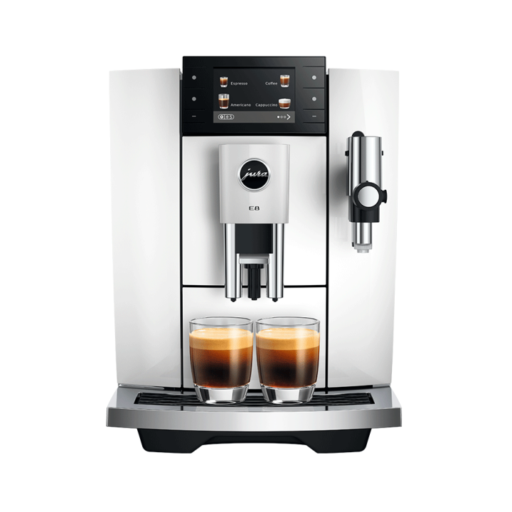 Jura E8 (ED) Piano White Espressomaskine Inkl. Startpakke (DK sprog), Pleje, Filtre, Mælkebeholder & 3kg Super Crema