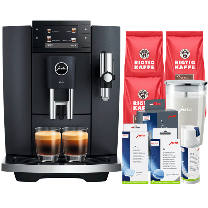 Jura E8 (ED) Cosmic Black Espressomaskine Inkl. Startpakke (DK sprog), Pleje, Filtre, Mælkebeholder & 3kg Crema Intenso
