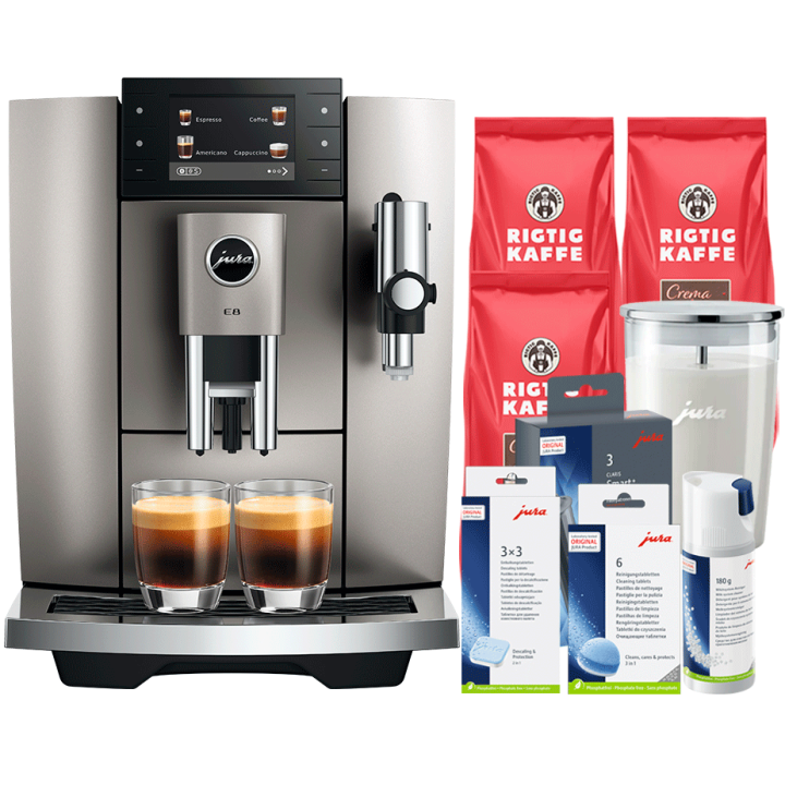 Jura E8 (ED) Midnight Silver Espressomaskine Inkl. Startpakke (DK sprog), Pleje, Filtre, Mælkebeholder & 3kg Crema Intenso