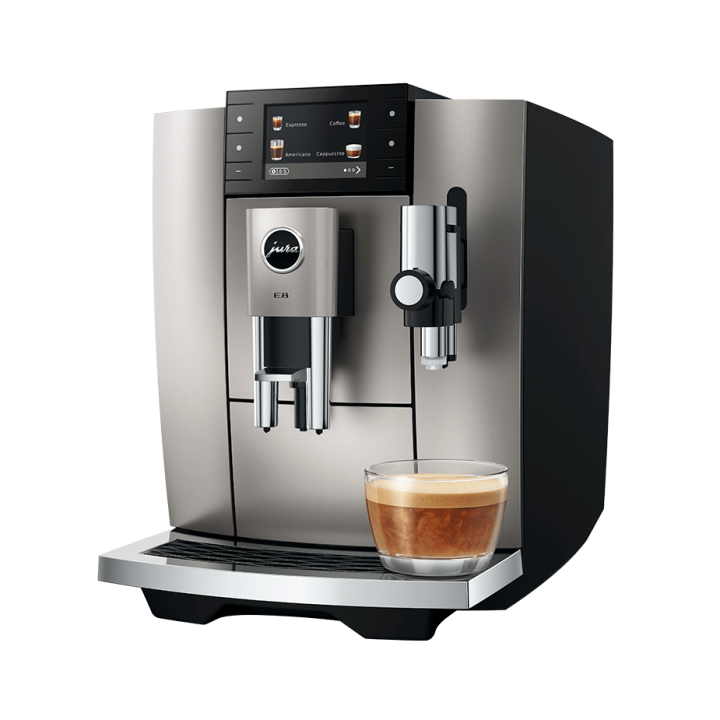 Jura E8 (ED) Midnight Silver Espressomaskine Inkl. Startpakke (DK sprog), Pleje, Filtre, Mælkebeholder & 3kg Crema Intenso