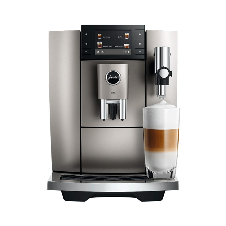 Jura E8 (ED) Midnight Silver Espressomaskine Inkl. Startpakke (DK sprog), Pleje, Filtre, Mælkebeholder & 3kg Crema Intenso