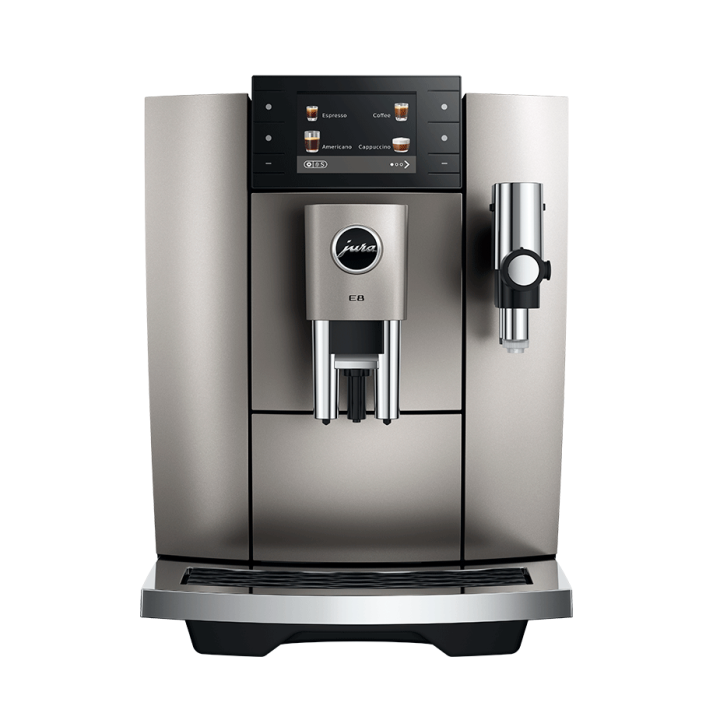 Jura E8 (ED) Midnight Silver Espressomaskine Inkl. Startpakke (DK sprog), Pleje, Filtre, Mælkebeholder & 3kg Crema Intenso