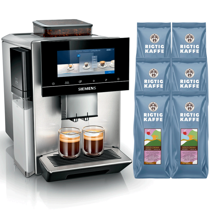 Siemens TQ905RZ3 EQ900 Plus Espressomaskine Inkl. AutoCalc'n Clean & 3kg Rigtig Kaffe Gold Crema