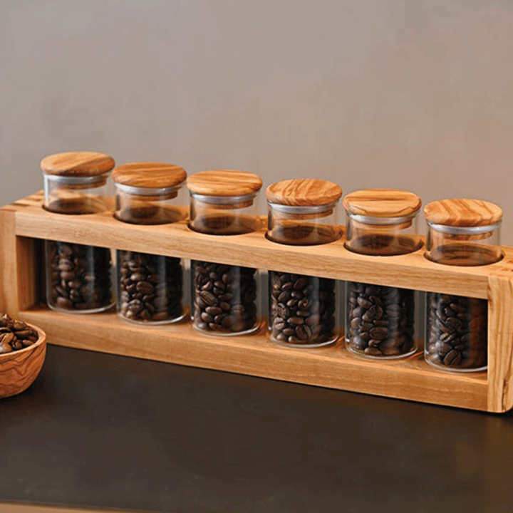 Hario kaffebønnebeholder sæt 6 stk. med Holder Oliventræ