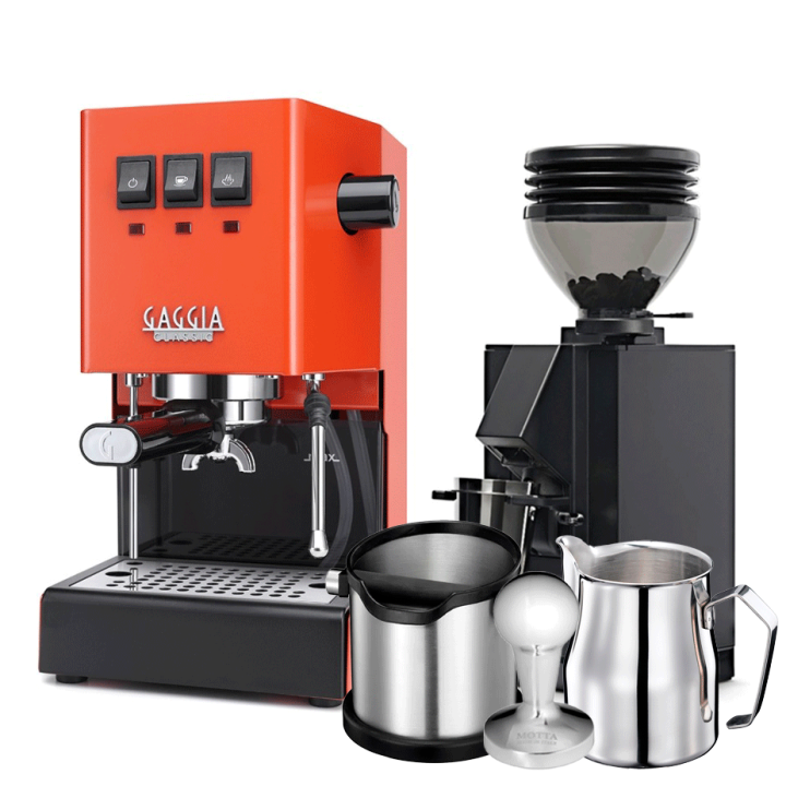 Gaggia Classic E24 Lobster Red Espressomaskine Inkl. Eureka Mignon Zero 55s & Baristaudstyr