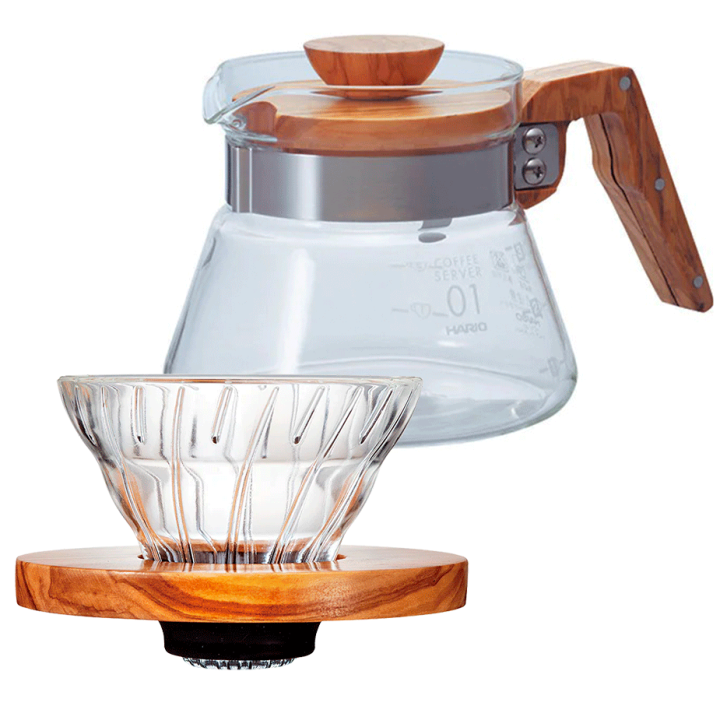 Hario V60 Coffee Server 0,40 L & Hario V60-02 Glas Dripper 1 Kop. Oliventræ