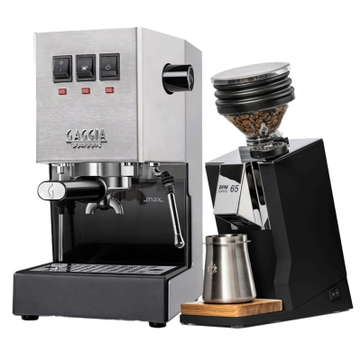 Gaggia Classic E24 Stål Espressomaskin inkl. Eureka Mignon Zero 65 Speedy Matt Svart Espressokvarn