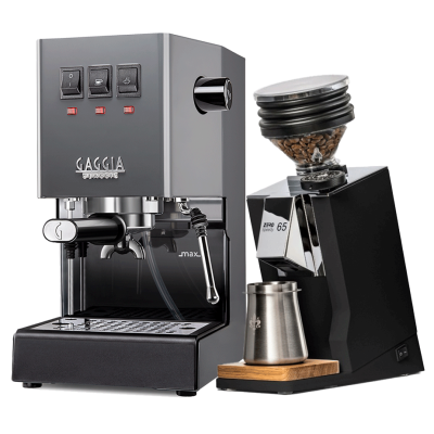 Gaggia Classic E24 Grå Espressomaskin inkl. Eureka Mignon Zero 65 Speedy Mattsvart Espressokvarn