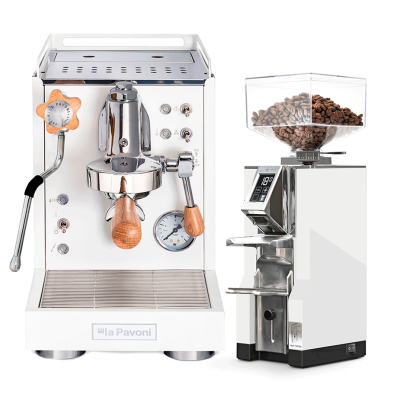 La Pavoni Mini Cellini vit LPSMCW01EU espressomaskin inkl. Eureka Mignon Libra 55 Chrome/vit espressokvarn