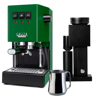 Gaggia Classic E24 Jungle Green Espressomaskin inkl. Timemore Bricks Kaffekvarn 01S & Motta Aurora Mjölkkanna 0,35 L