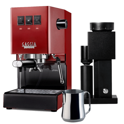Gaggia Classic E24 Röd Espressomaskin inkl. Timemore Bricks Kaffekvarn 01S & Motta Aurora Mjölkkanna 0,35 L