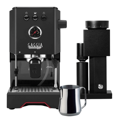 Gaggia Classic UP Espressomaskin i Svart inkl. Timemore Bricks Kvarn 01S & Mjölkkanna 0,35 L