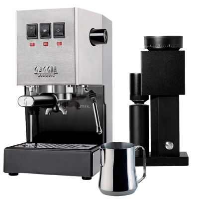 Gaggia Classic E24 Stål inkl. Timemore Bricks Kaffekvarn 01S & Motta Aurora Mjölkkanna 0,35 L