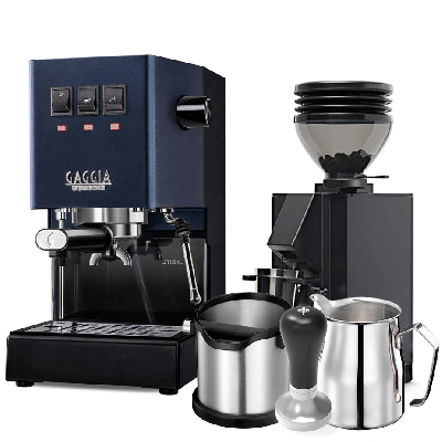 Gaggia Classic E24 Blå Espressomaskin inkl. Eureka Mignon Zero 55s & Baristautrustning