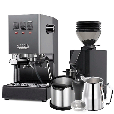 Gaggia Classic E24 Grå Espressomaskin inkl. Eureka Mignon Zero 55s & Baristautrustning