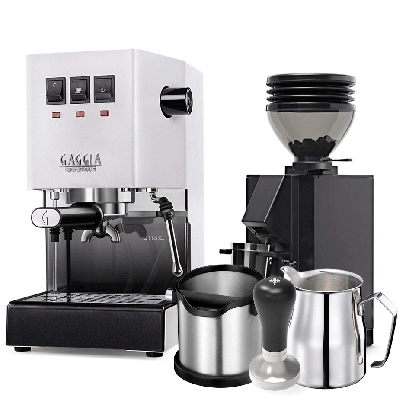 Gaggia Classic E24 Vit Espressomaskin inkl. Eureka Mignon Zero 55s & Baristautrustning