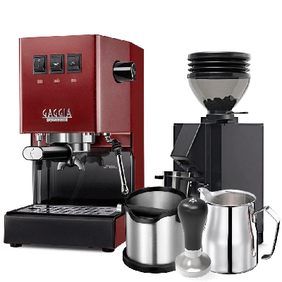 Gaggia Classic E24 Röd Espressomaskin inkl. Eureka Mignon Zero 55s & Baristautrustning