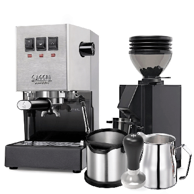 Gaggia Classic E24 Stål Espressomaskin inkl. Eureka Mignon Zero 55s & Baristautrustning