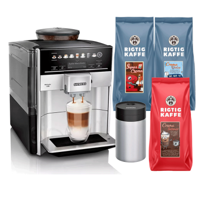 Siemens TE653M11RW EQ6 Plus s300 espressomaskin Inkl. mjölkbehållare, 1kg Super Crema, 1kg Crema Intenso & 1kg Dolce Crema