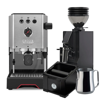 Gaggia Classic UP Stål espressomaskin Inkl. Eureka Mignon Zero 55s matt svart espressokvarn, Knock Box & mjölkkanna