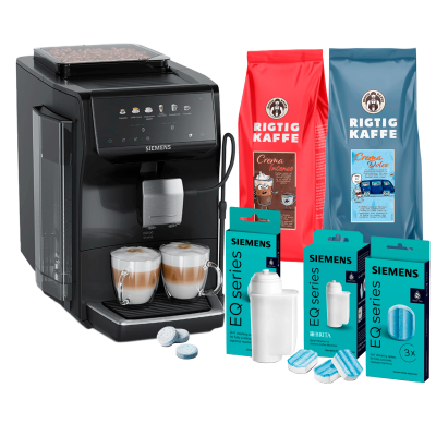 Siemens TP551E07 EQ500 espressomaskin Piano svart inkl. rengöringstabletter, Kalkfilter, avkalkningstabletter & 2kg Rigtig Kaffe