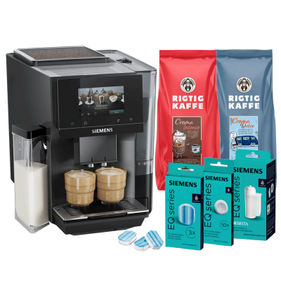 Siemens TQ727E05 EQ700 mörk rostfritt stål espressomaskin Inkl. skötselpaket & 2x1kg Rigtig Kaffe hela kaffebönor