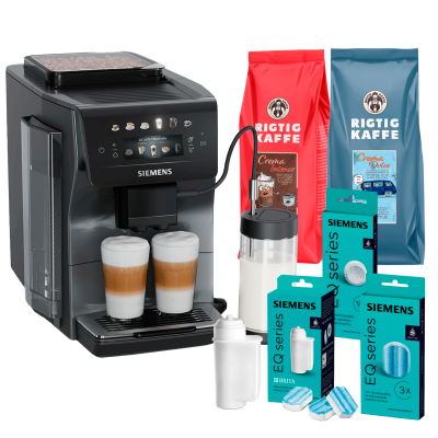 Siemens TP603EM6 EQ6 espressomaskin midnatt silvermetallic Inkl. mjölkkanna Glas, rengöringsprodukter & 2kg Rigtig Kaffe