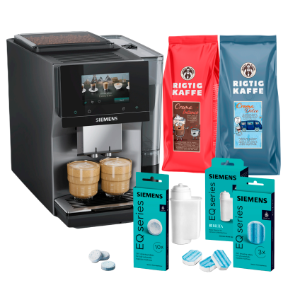 Siemens TP727E06 EQ700 midnatt silvermetallic espressomaskin inkl. skötselpaket & 2x1kg Rigtig Kaffe hela kaffebönor