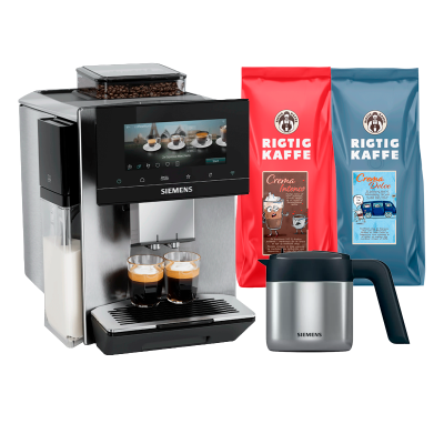 Siemens TQ923EZ3 EQ900 Plus espressomaskin Inkl. AutoCalc'n Clean, termoskanna & 2kg Rigtig Kaffe hela kaffebönor
