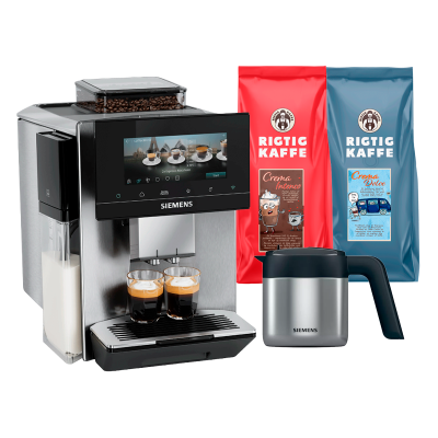 Siemens TQ925EZ3 EQ900 Plus espressomaskin Inkl. AutoCalc'n Clean, termoskanna & 2 kg Rigtig Kaffe hela kaffebönor