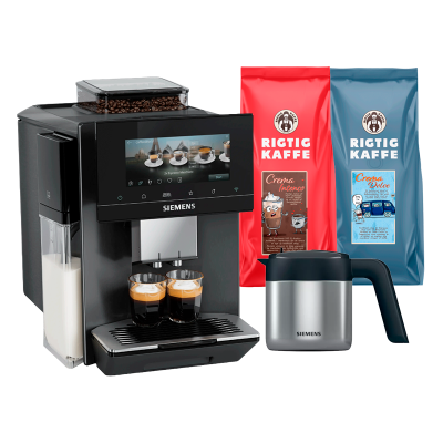 Siemens TQ925EZ5 EQ900 Plus espressomaskin Inkl. AutoCalc'n Clean, termoskanna & 2 kg Rigtig Kaffe hela kaffebönor