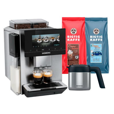 Siemens TQ927EZ3 EQ900 Plus espressomaskin Inkl. AutoCalc'n Clean, termoskanna & 2 kg Rigtig Kaffe hela kaffebönor