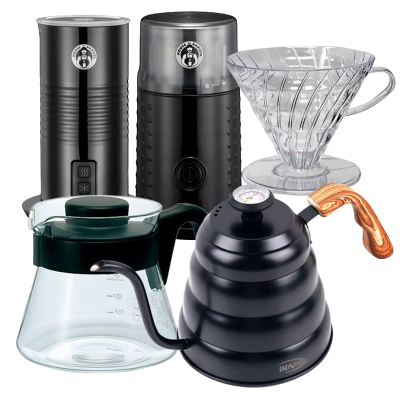 IKAPE Pour Over kanna med Termometer 1,2 L svart Inkl. Hario 2 koppar Dripper, Server 0,45 L, kaffekvarn & mjölkskummare