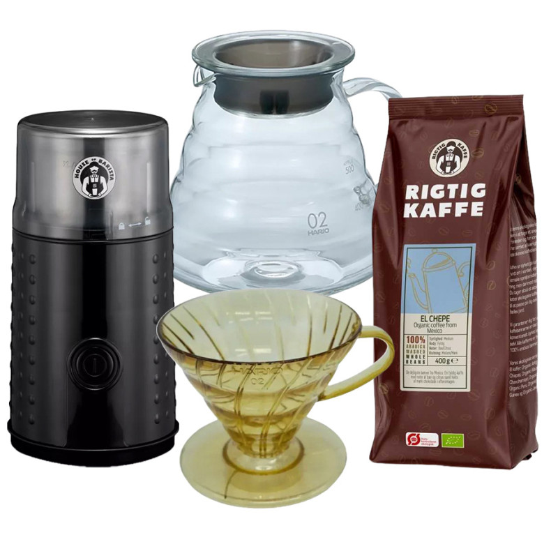 Hario filterbryggningsset Inkl. V60 Dripper Tsukimi Gul, Server 0,6 L, kaffekvarn & 400g Rigtig Kaffe