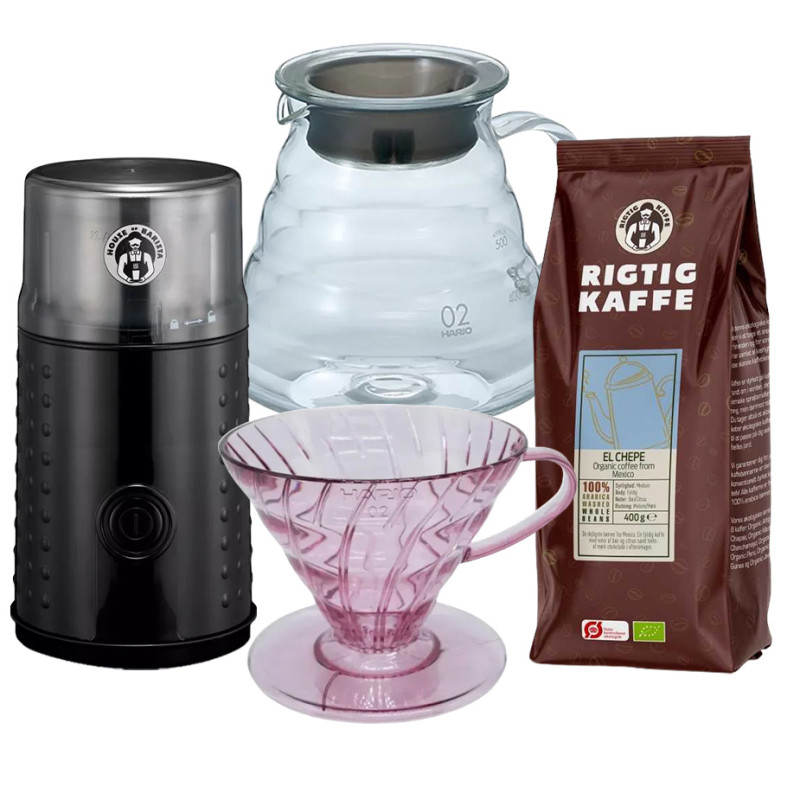 Hario filterbryggningsset Inkl. V60 Dripper Sakura Pink, Server 0,6 L, kaffekvarn & 400g Rigtig Kaffe